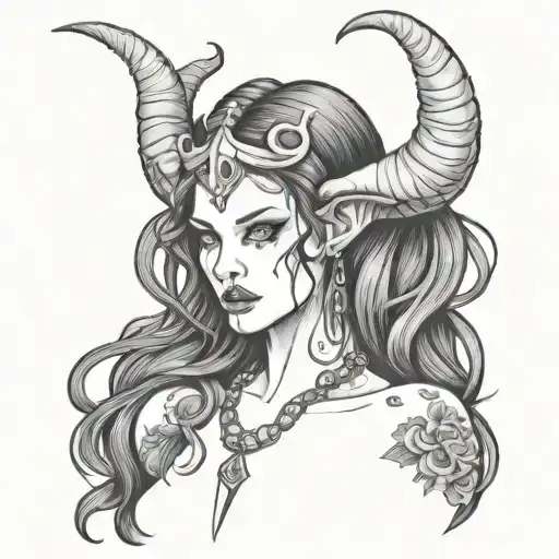 Lilith With Horns White Eyes And Long Black Hair