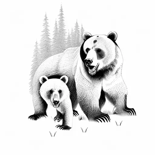 Bear And Cub With Trees