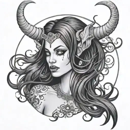 Lilith With Horns White Eyes And Long Black Hair