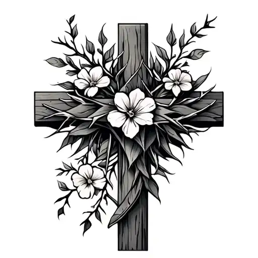 Cross With Crown Of Thorns And Flowers Growing
