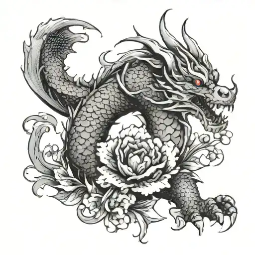 A Dragon With Flowers Blooming From Its Scales In A Black-grey Style
