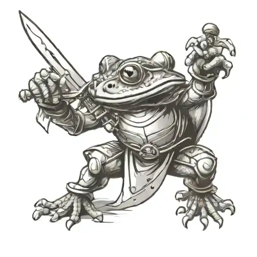 Frog In Knight Armor Holding A Sword With One Hand And A Basketball In The Other