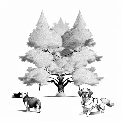 Mountain Scenewith Tree And Dogs