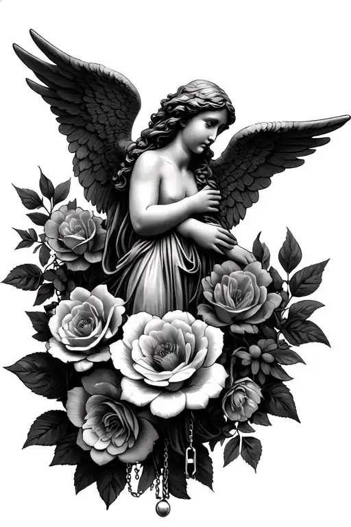 Angels And Flowers Intertwined With Rosary Beads Intertwined