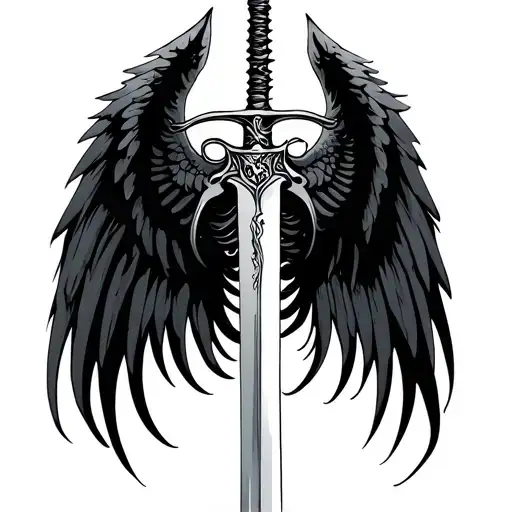 Spine Back Tattoo With Thinner Lines Wings Sword Surrounded