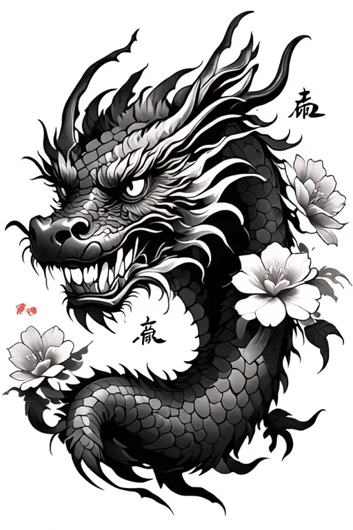 A Chinese Dragon With Chinese-themed Flowers