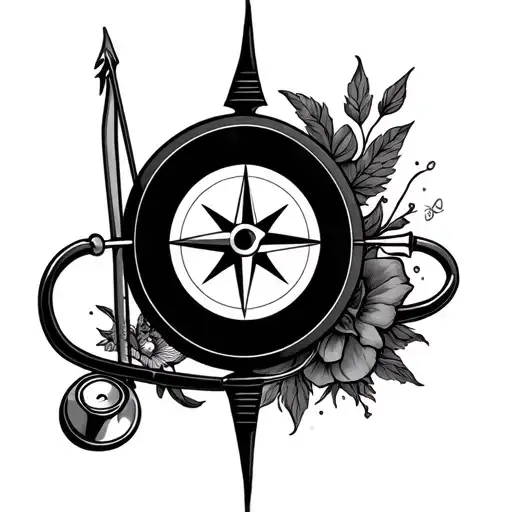 Target Face With Bow Compass Rose Bow Arrow Stethoscope And Needle
