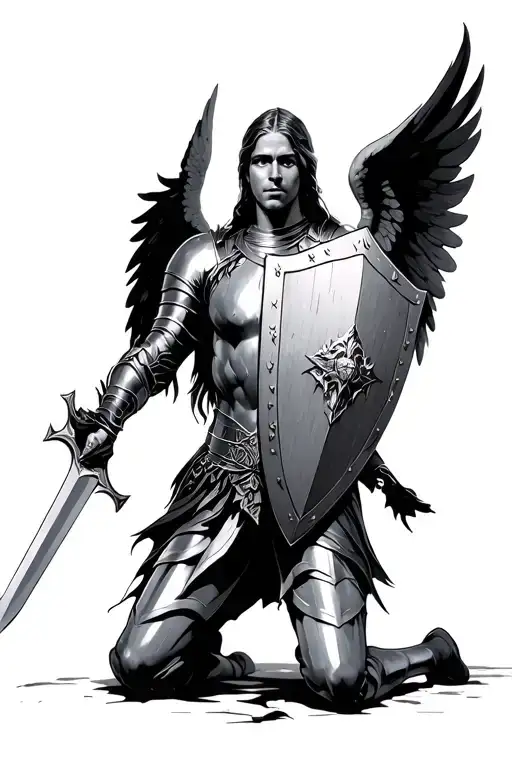 Knight Holding Sword And Shield Kneeling Angel