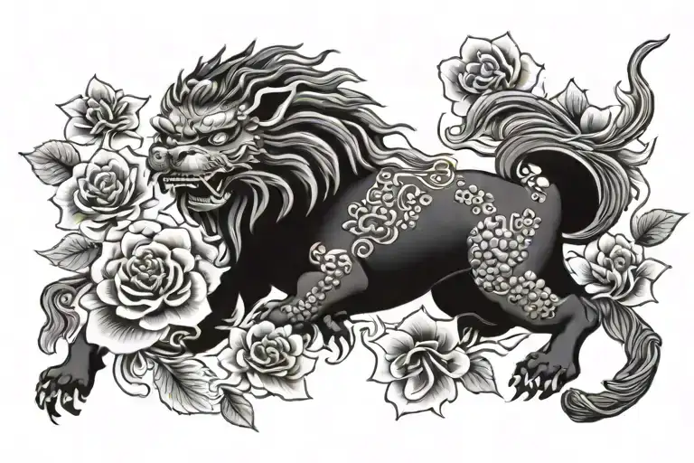 Foo Dog And Flowers Growing