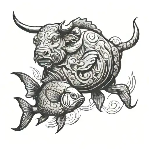 Bull And Fish Swimming Together