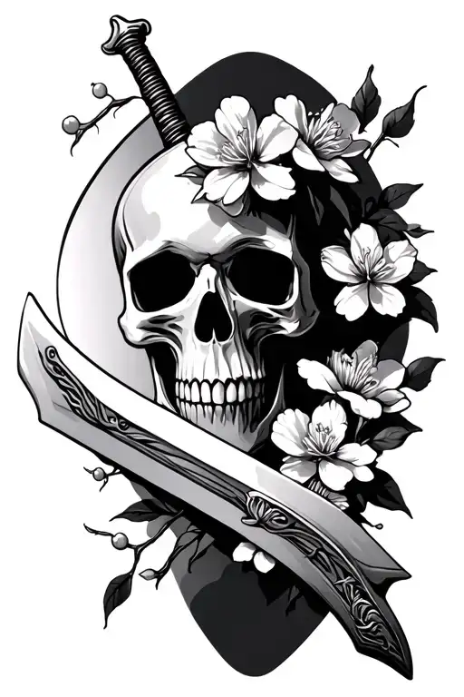 Skull With Sword And Cherry Blossoms