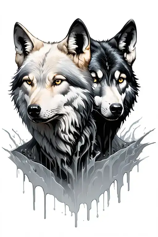 White And Black Wolf Heads Coming Out Of Same Body