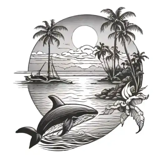 Ocean Sunset Beach Scene With Palm Trees And Whale And Turtles