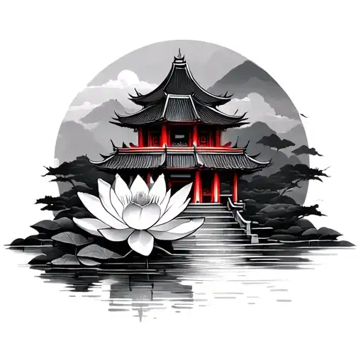 Chinese Temple With Lotus Flower