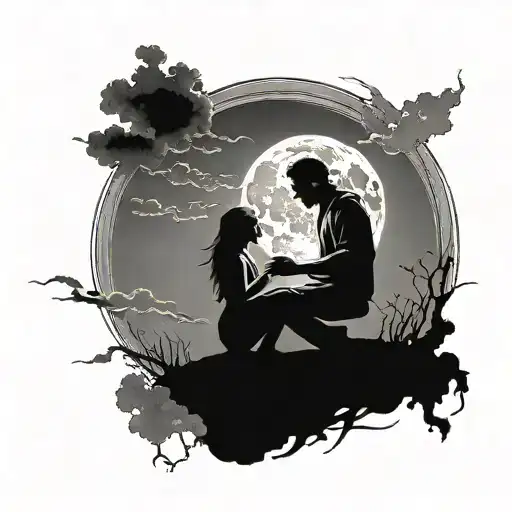 Full Moon With Father And Daughter Silhuett