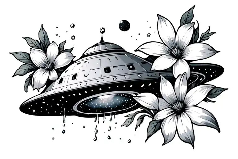 Space Flowers Water Ufo Night Sky