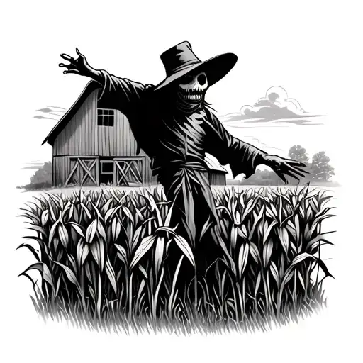 Scare Crow In A Cornfield In Front Of A Barn