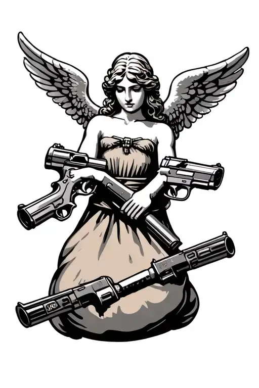 Money Bag With A Angel Holding A Micro Ar Pistols Crossing Each Other