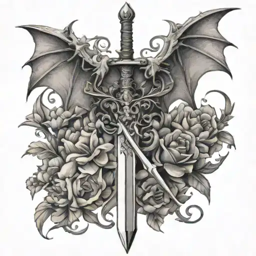 Sword With Bat Wings And Flowers And Dragons