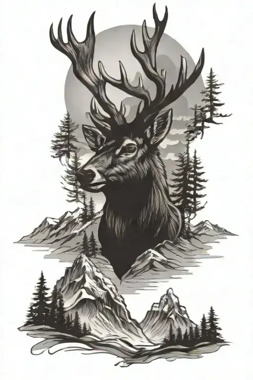 Stag Head Surrounded My Mountain Range