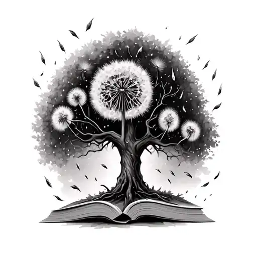 Willow Tree With Dandelion Seeds Drifting Away Transforming Into Books