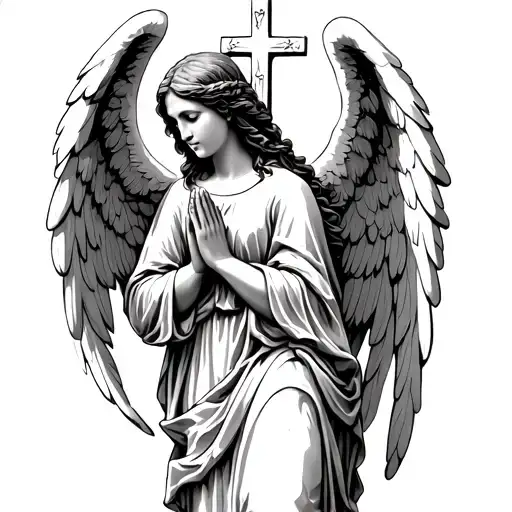 Female Angel Praying With A Cross