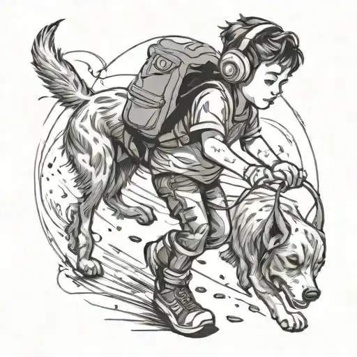 Boy Walking A Dog Wearing Headphones