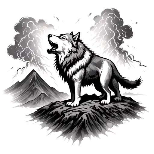 Sigma Wolf Howling In A Thunderstorm On A Erupting Valcano