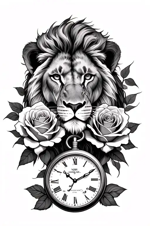 Lion And Lioness With Rose And Pocket Watch Surrounded By Roses