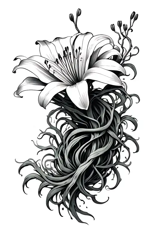 Japanese Spider Lily Wrapped In Vines Growing Outwards And Downwards With Wave Patterns Around It