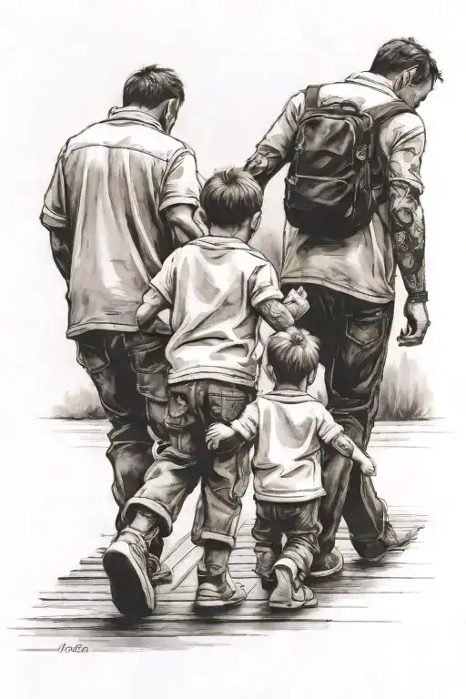 Two Todler Boys Walking Hand In Hand With Dad Across A Wooden Bridge