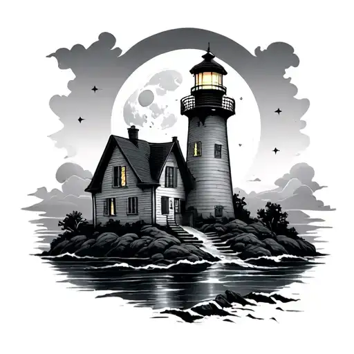 Beacon Of Light House With Moon