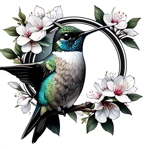 Hummingbird With Cherry Blossom And Circle Made