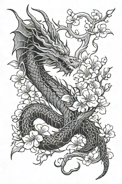 Dragon And Cherry Blossom Petals And Flowers Growing
