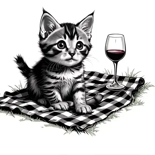 A Little Kitten Sitting On A Picnic Blanket And Holding A Wine Glass