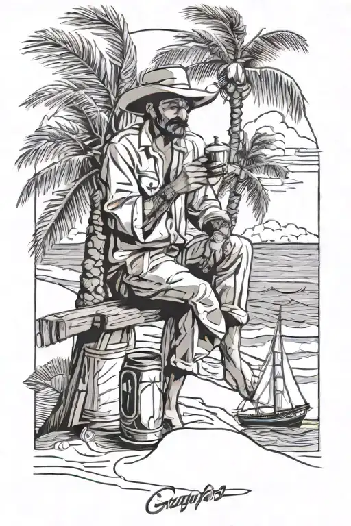 Gaucho On The Beach Drinking Mate Leaning In A Palm Tree With Sailboat Sailing Away