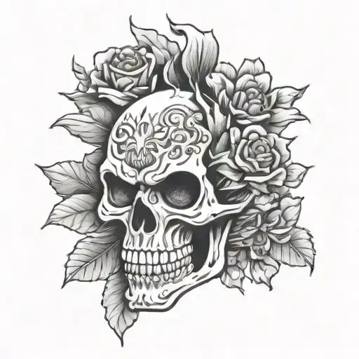 Oni Skull With Crisanthimum Flower In Background
