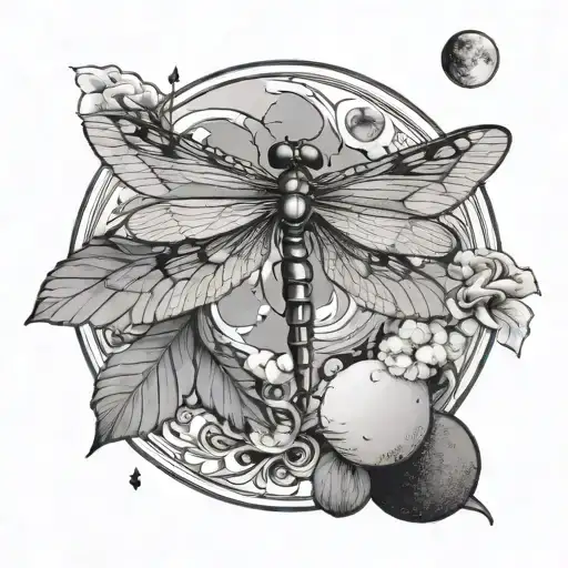 Line Art Dragonfly Flying Seen From Above With Moon Four Wings Only Japanese Style