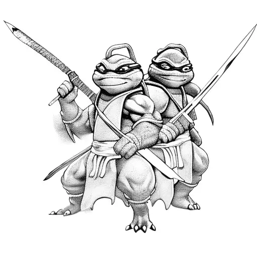 All Four Cartoon Ninja Turtles Posing With Weapons