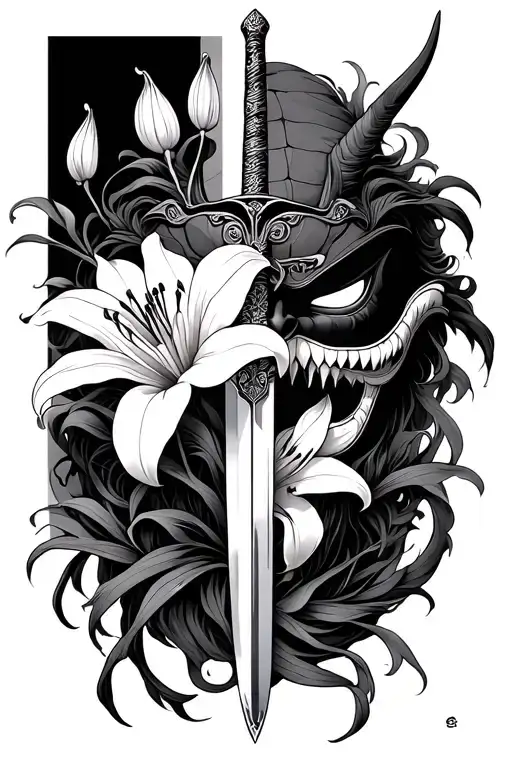 Spider Lily Flower And Oni Mask Surrounded Sword Going Through