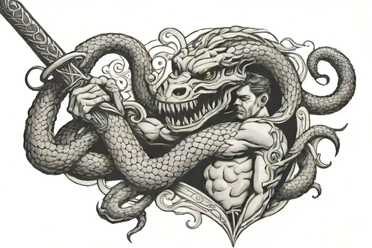 Man Holding Snake By The Neck With A Sword In The Other Hand