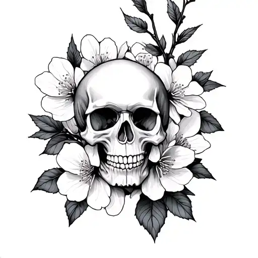 Fine Line Cherry Blossom Sleeve With Small Skulls Throughout