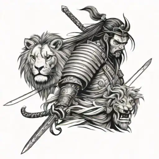 Samurai Warrior And Sword And Lion Head