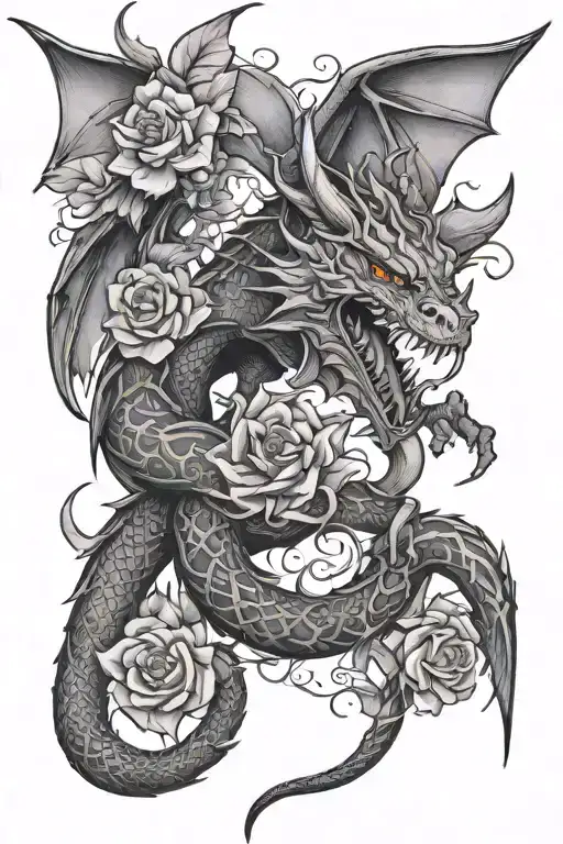 Wyvern With Flowers And Witch Symbols