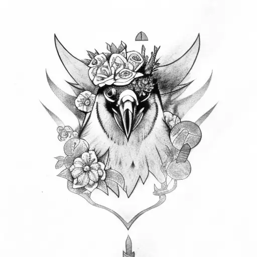 Raven With Flowers And Norse Runes