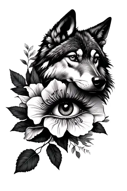 Feminine Wolf And Azalea Over An Eye And Leaves Around It
