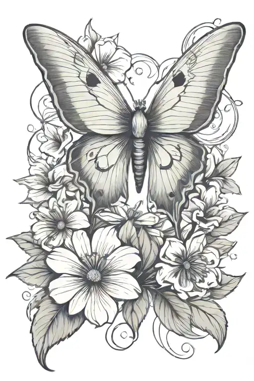 Luna Moth With Flowers And Leaves