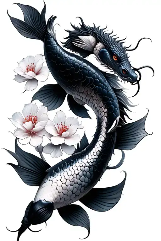 Three Koi Fish Cherry Blossom Dragon
