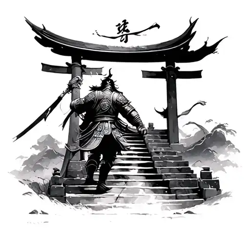 Chinese Warrior Who Climbs A Staircase With Difficulty To Get To A Semi -Open Gate
