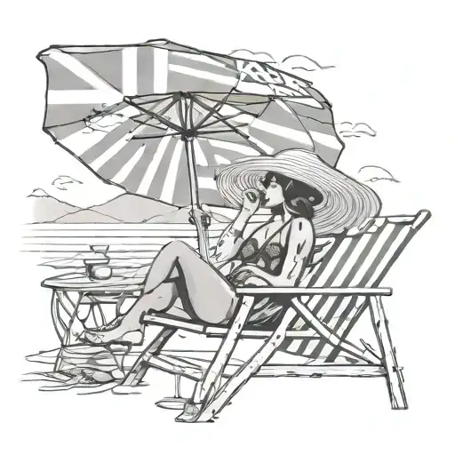 A Coffee Girl Lounging On A Beach Chair Under A Greek Flag Umbrella